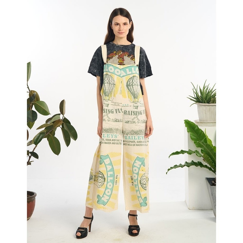 New Flour Sack Jumpsuit Overall M/L Balloon Yellow Blue Wide Leg Bib Cotton